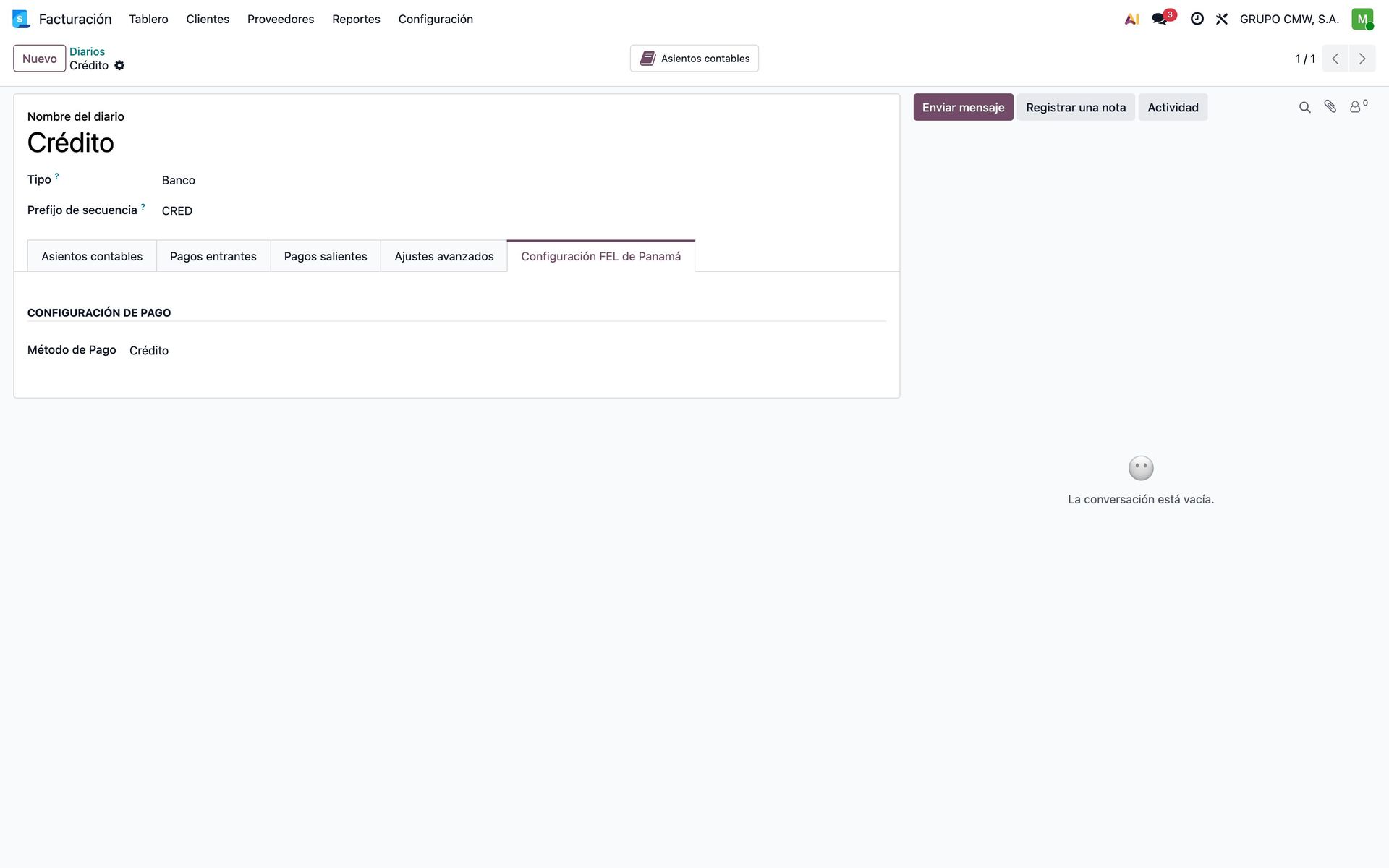 Configuración de forma de pago FEL en un diario de banco