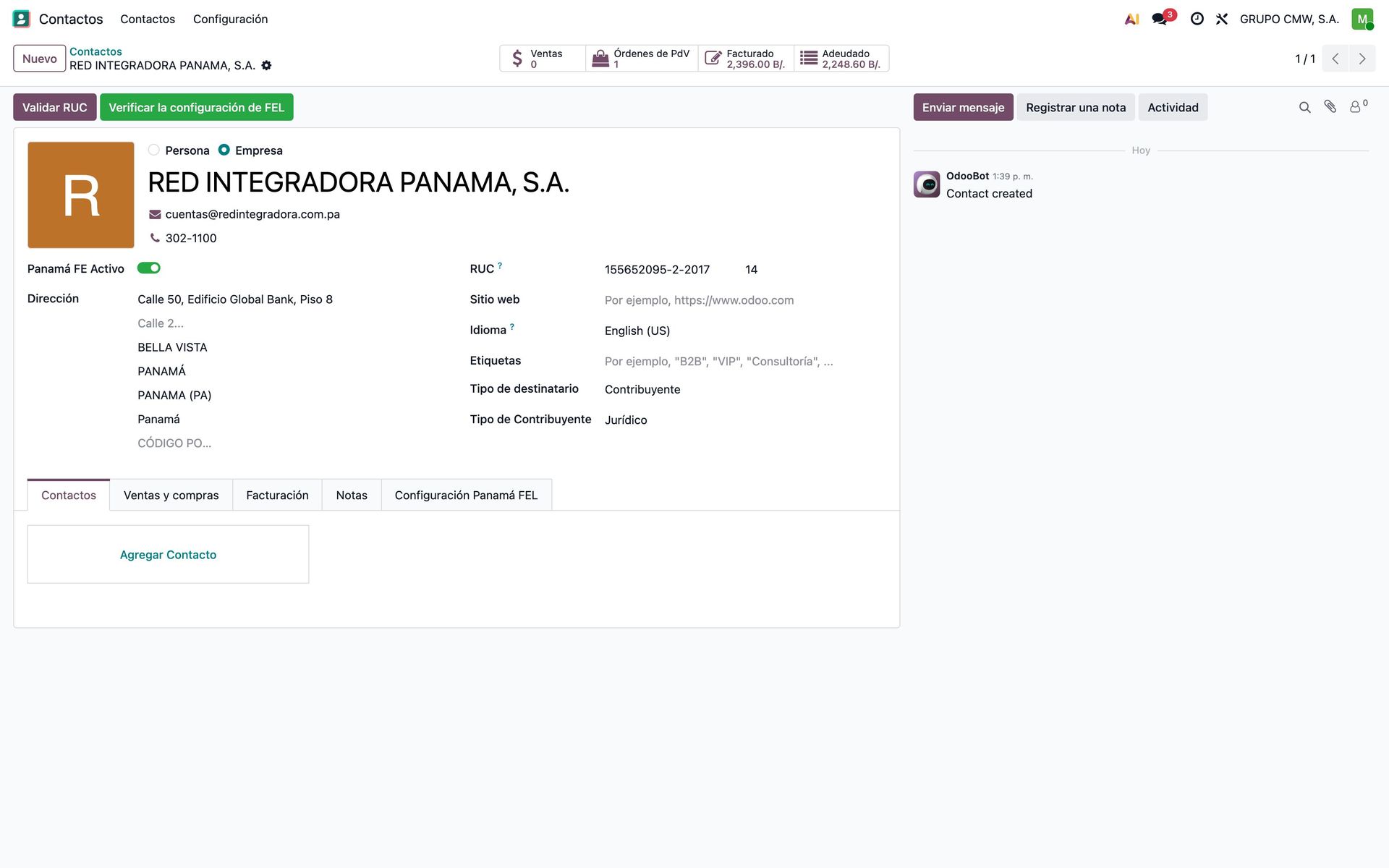 Ficha de un contacto contribuyente panameño