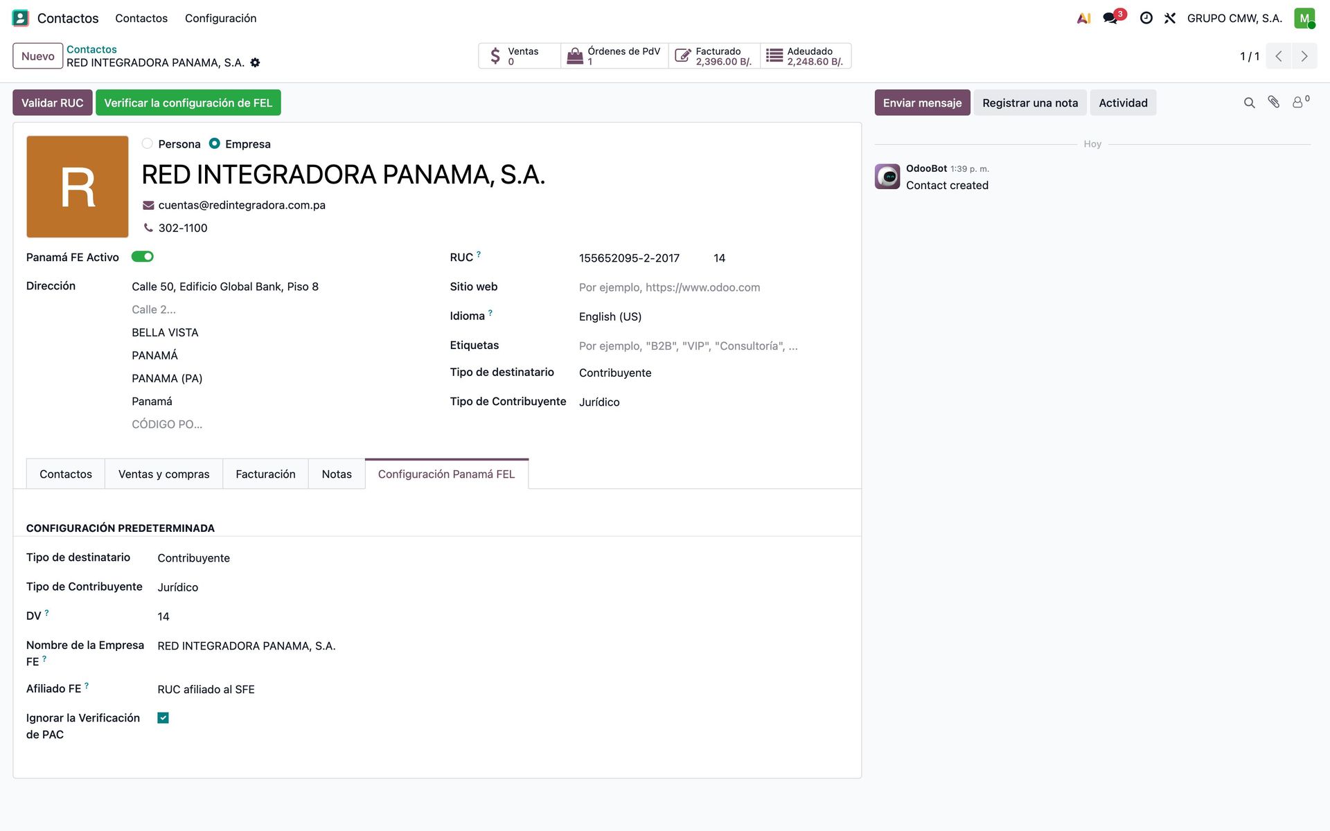 Pestaña Configuración Panamá FEL de un contacto