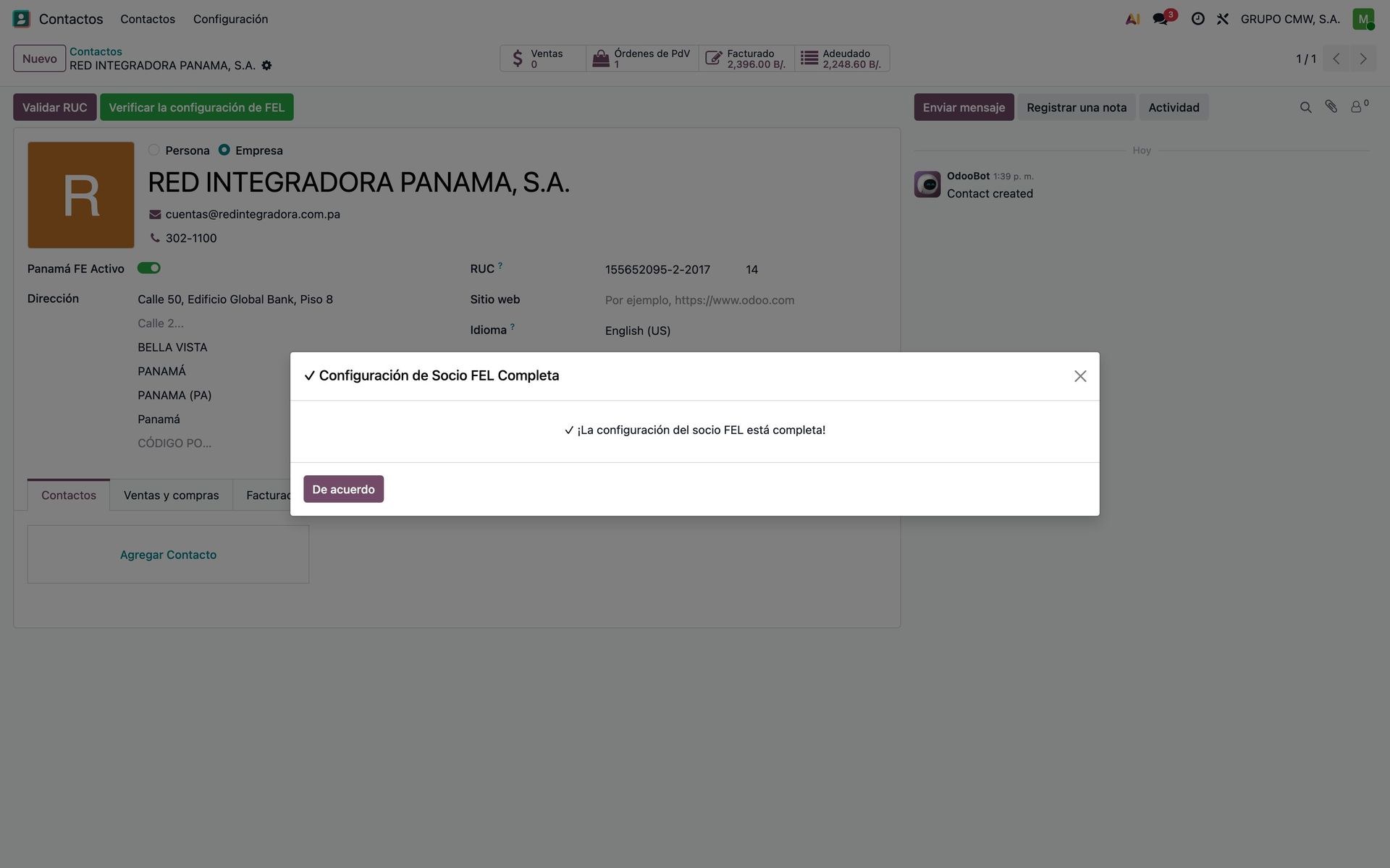 Resultado de verificar la configuración FEL de un contacto