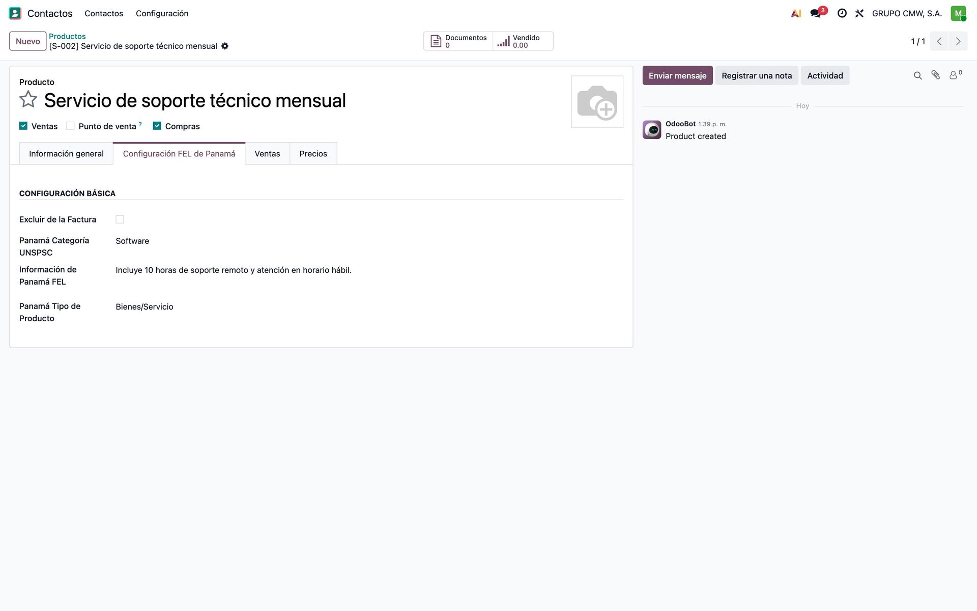 Pestaña de configuración FEL de un producto