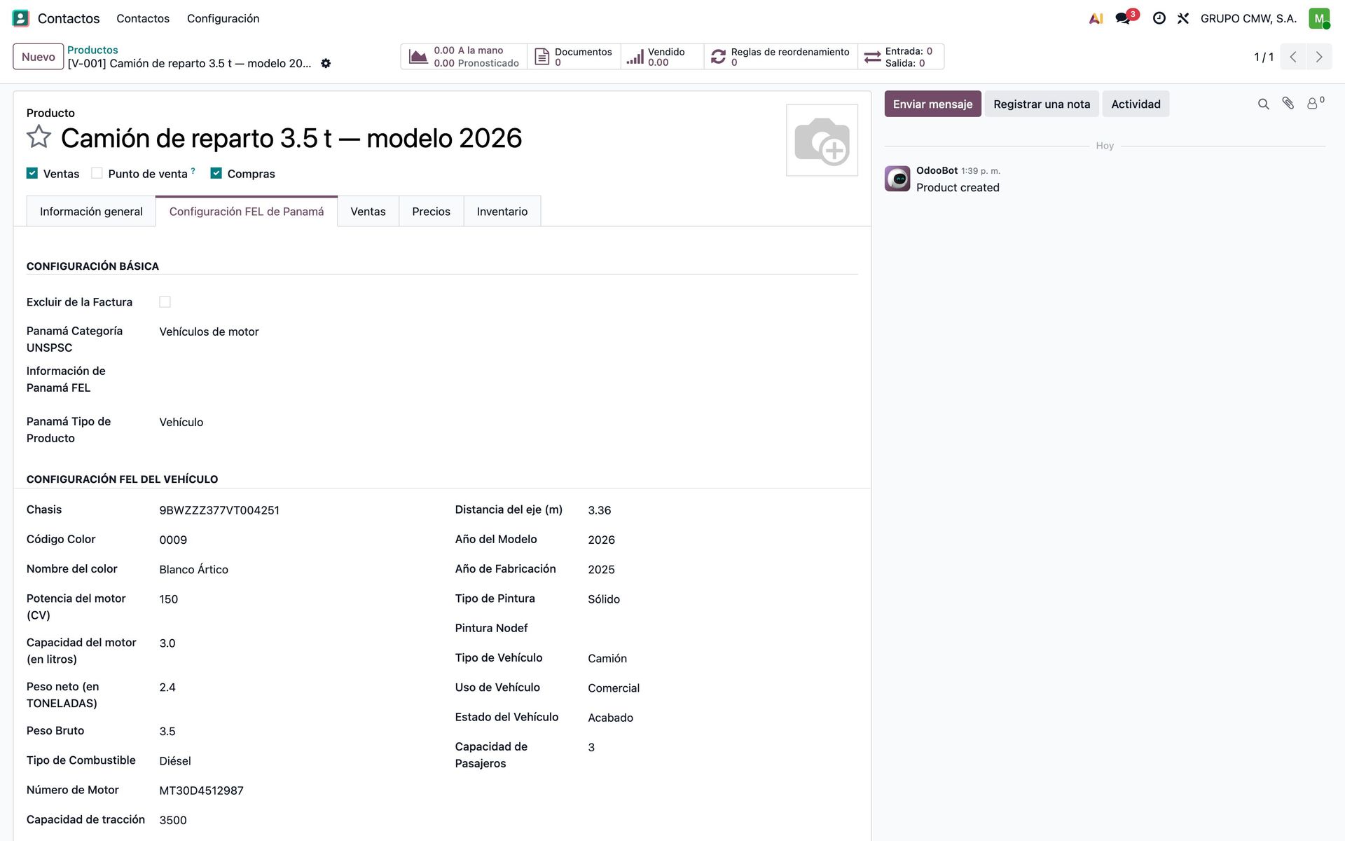 Datos de vehículo en la configuración FEL del producto