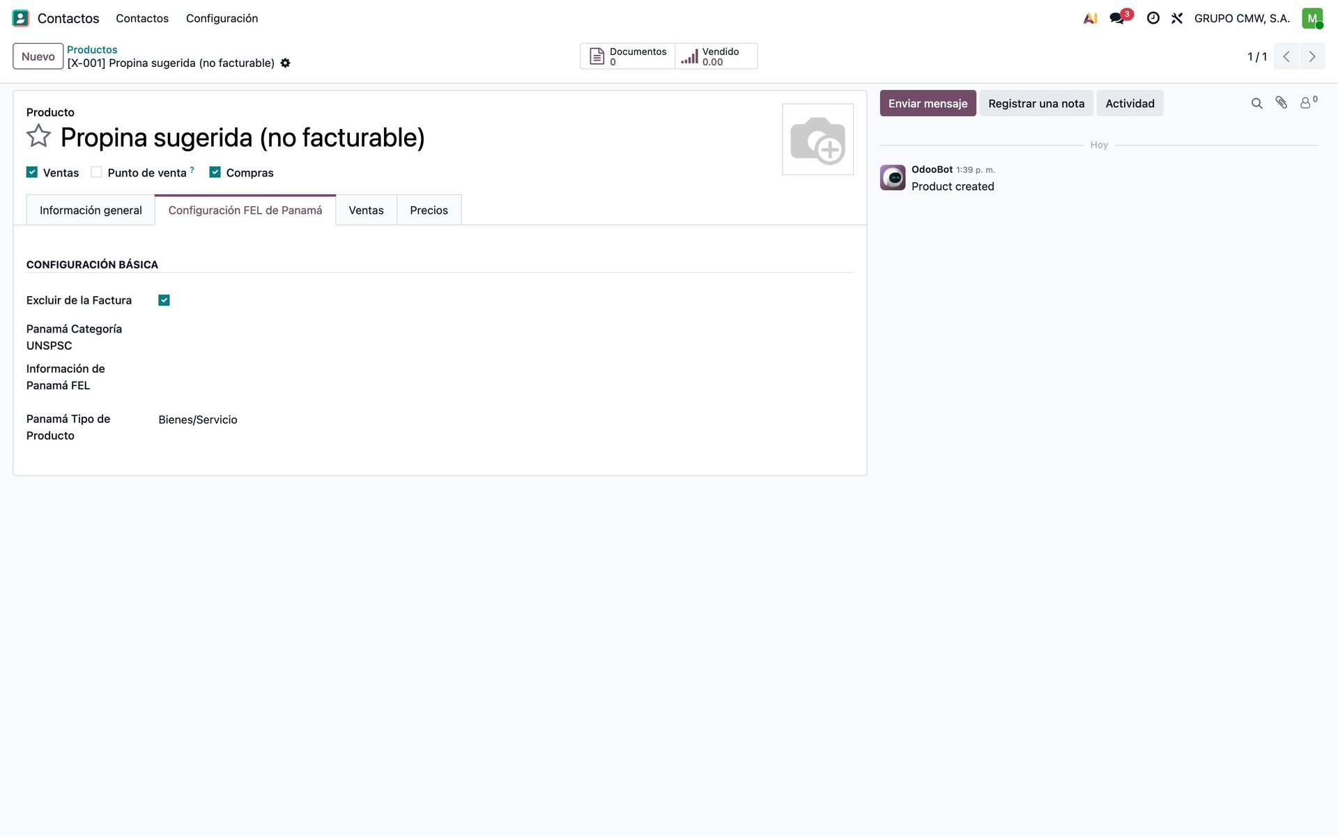 Producto marcado como excluido de la factura