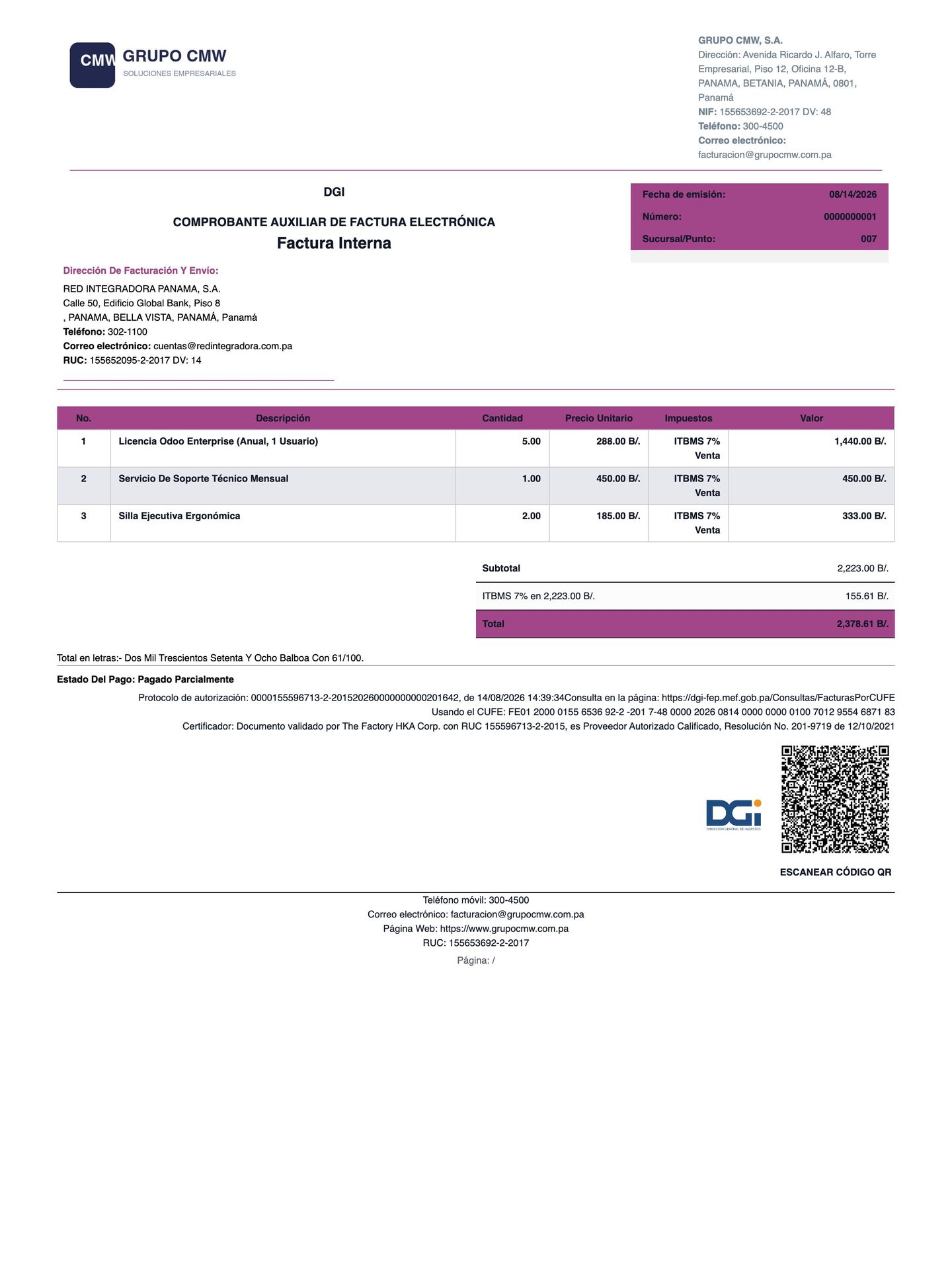 CAFE impreso de una factura certificada
