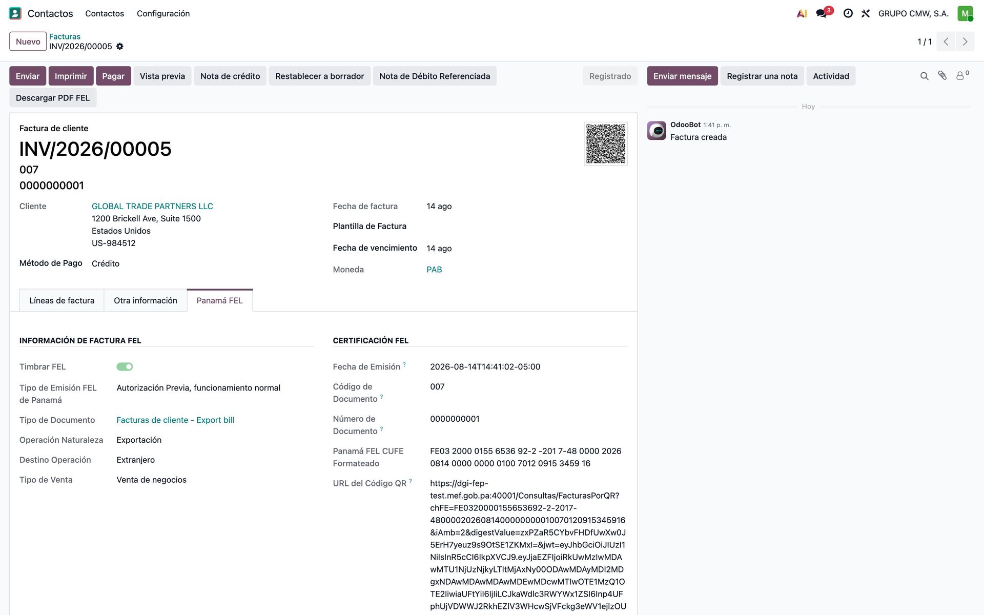 Factura de exportación certificada