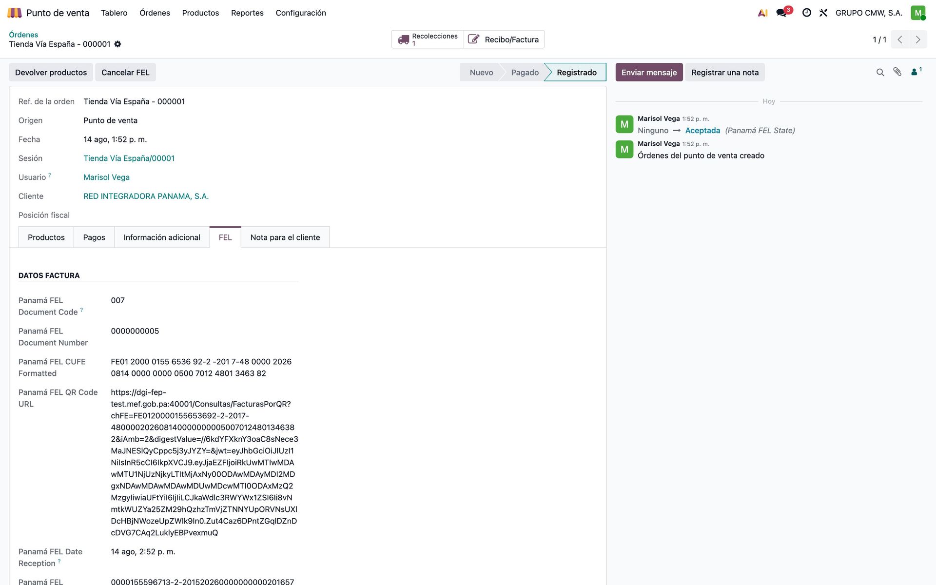 Pestaña FEL de una orden de punto de venta en el backend