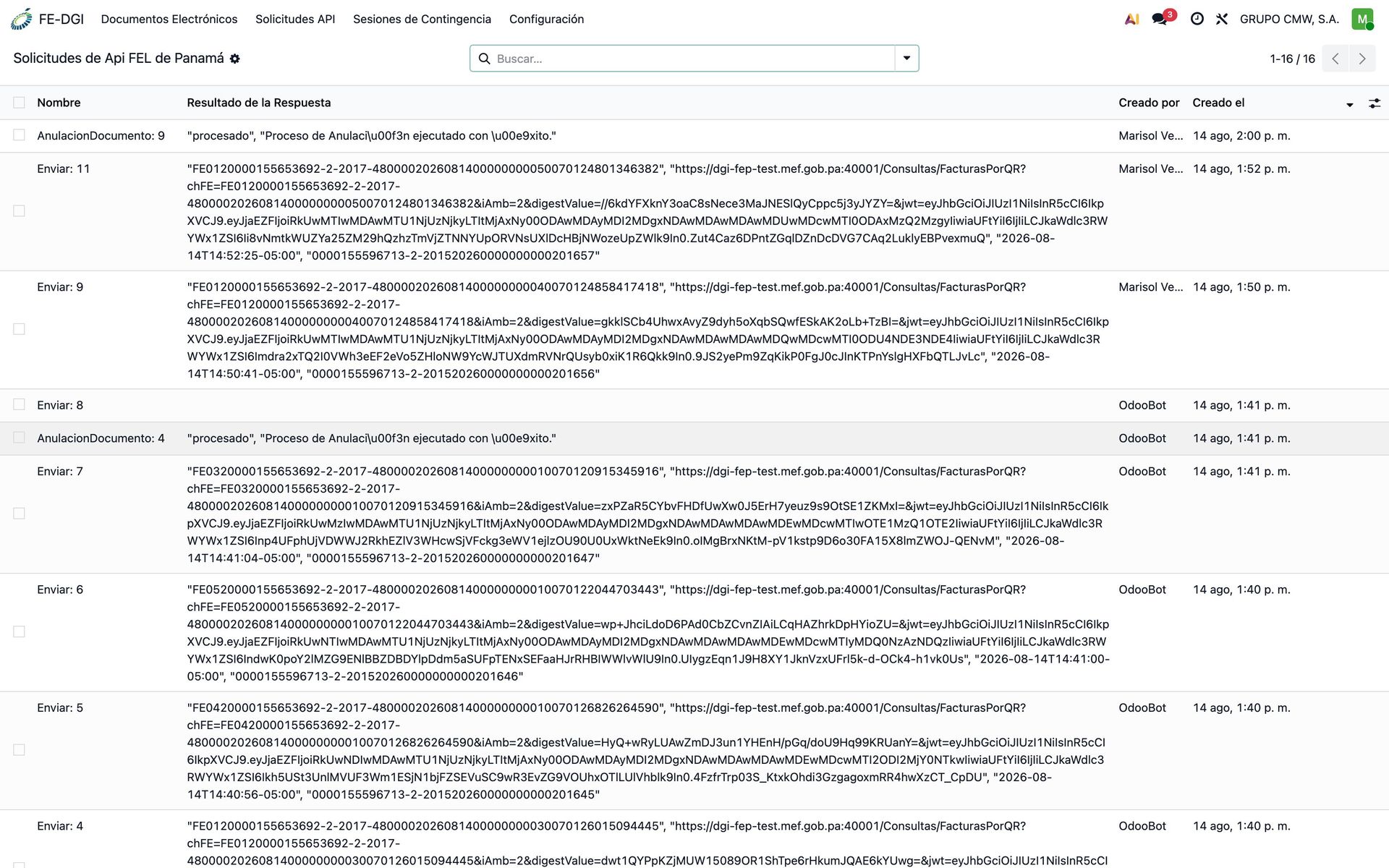 Lista de peticiones API al PAC