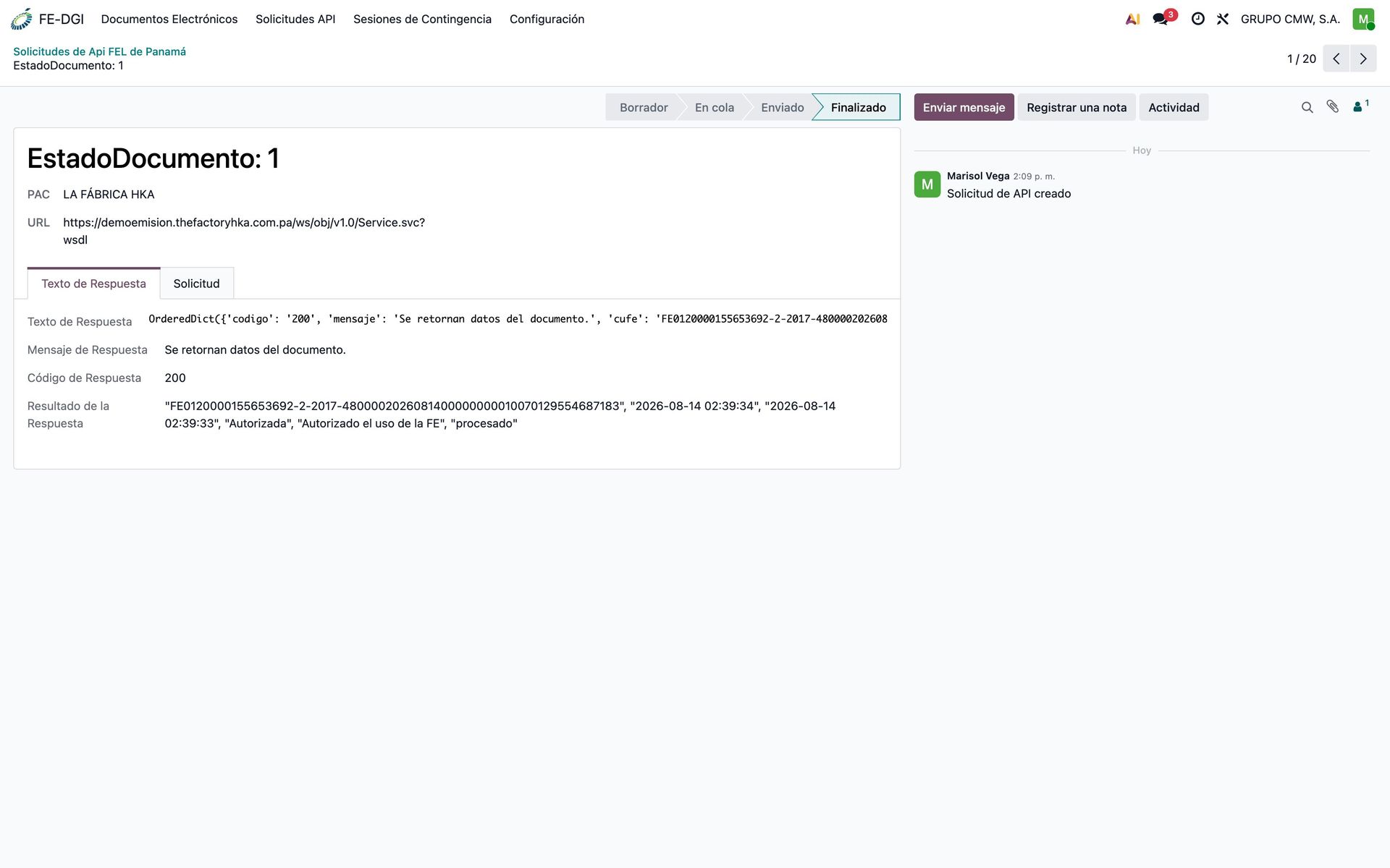 Detalle de una petición API