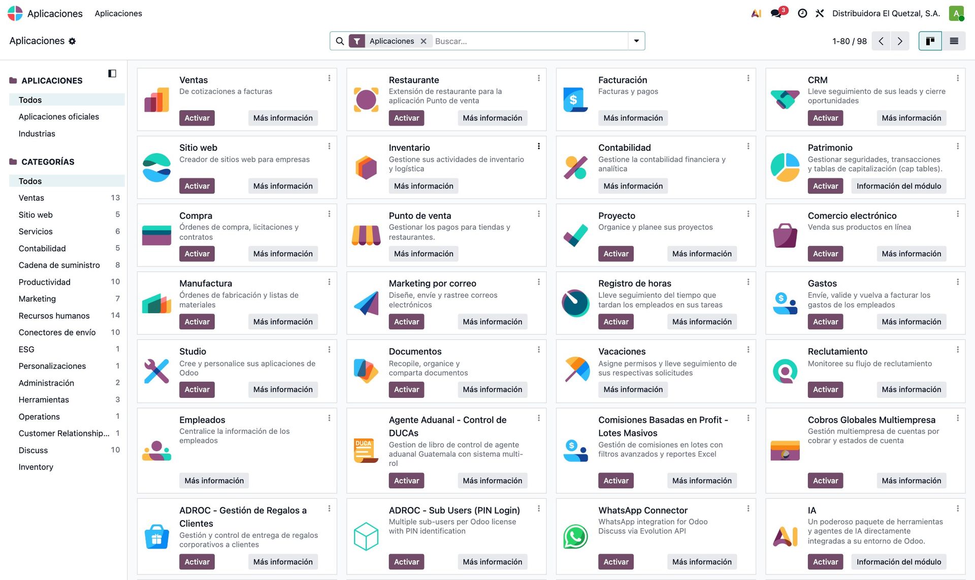 Aplicaciones instaladas en la base de demostración