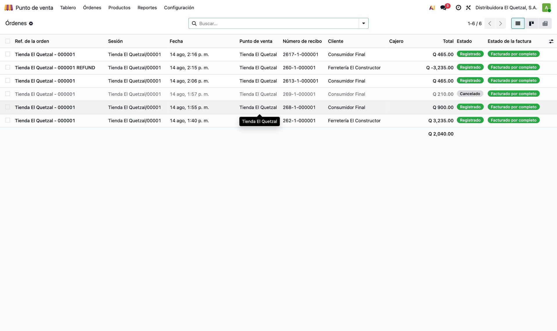 Órdenes del punto de venta en el backend
