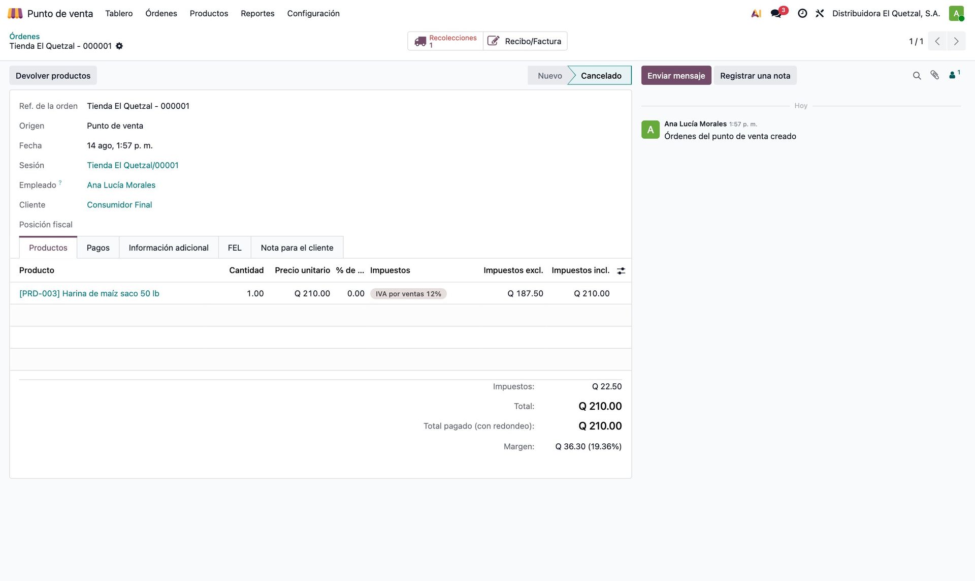 Orden anulada en el backend