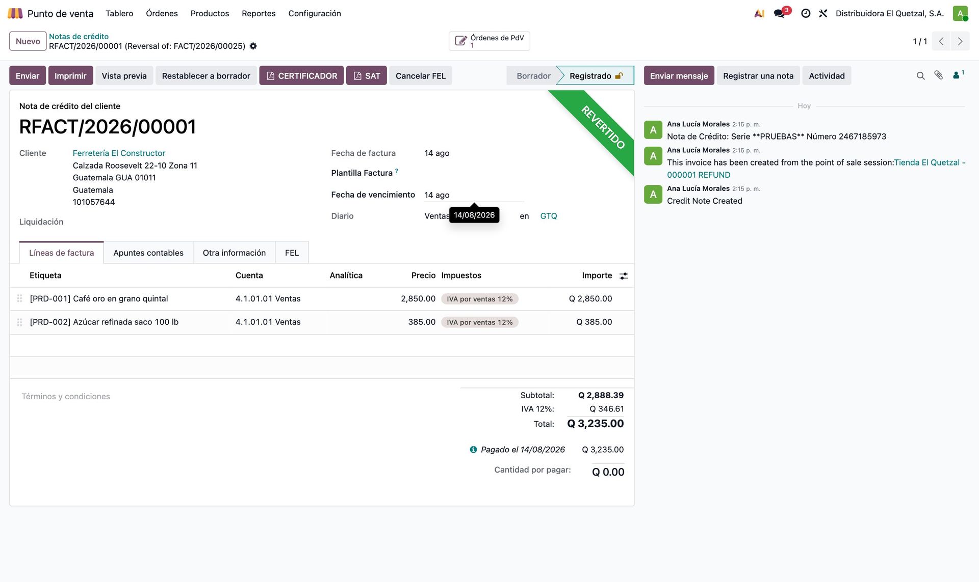 Nota de crédito generada desde una orden del punto de venta
