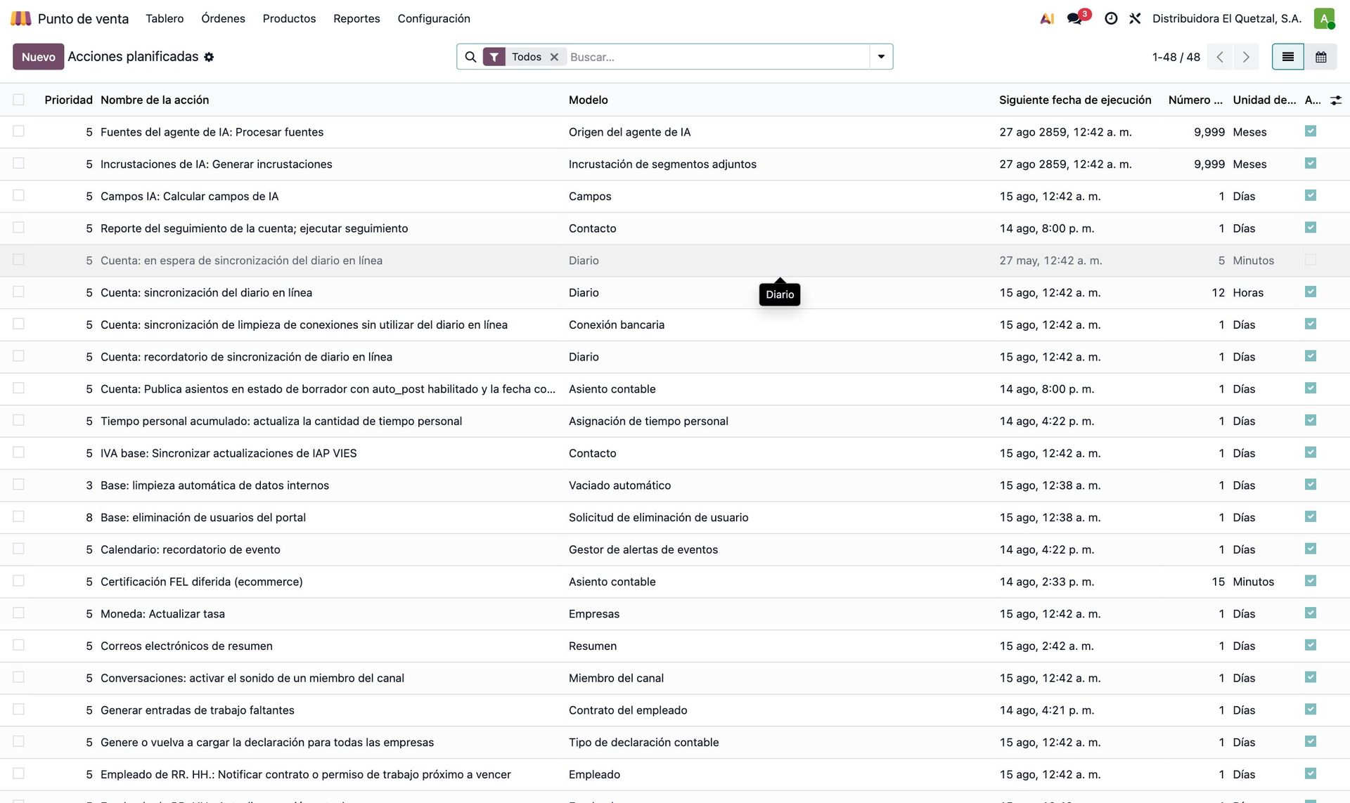 Tareas programadas del módulo