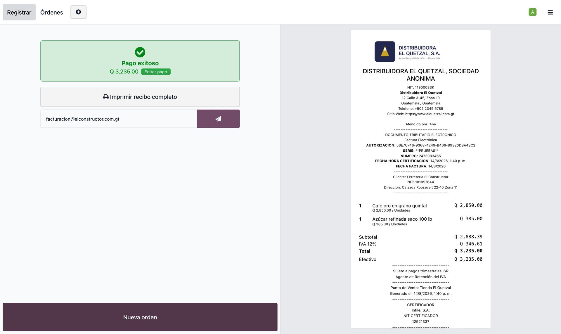 Pantalla de recibo tras validar la venta