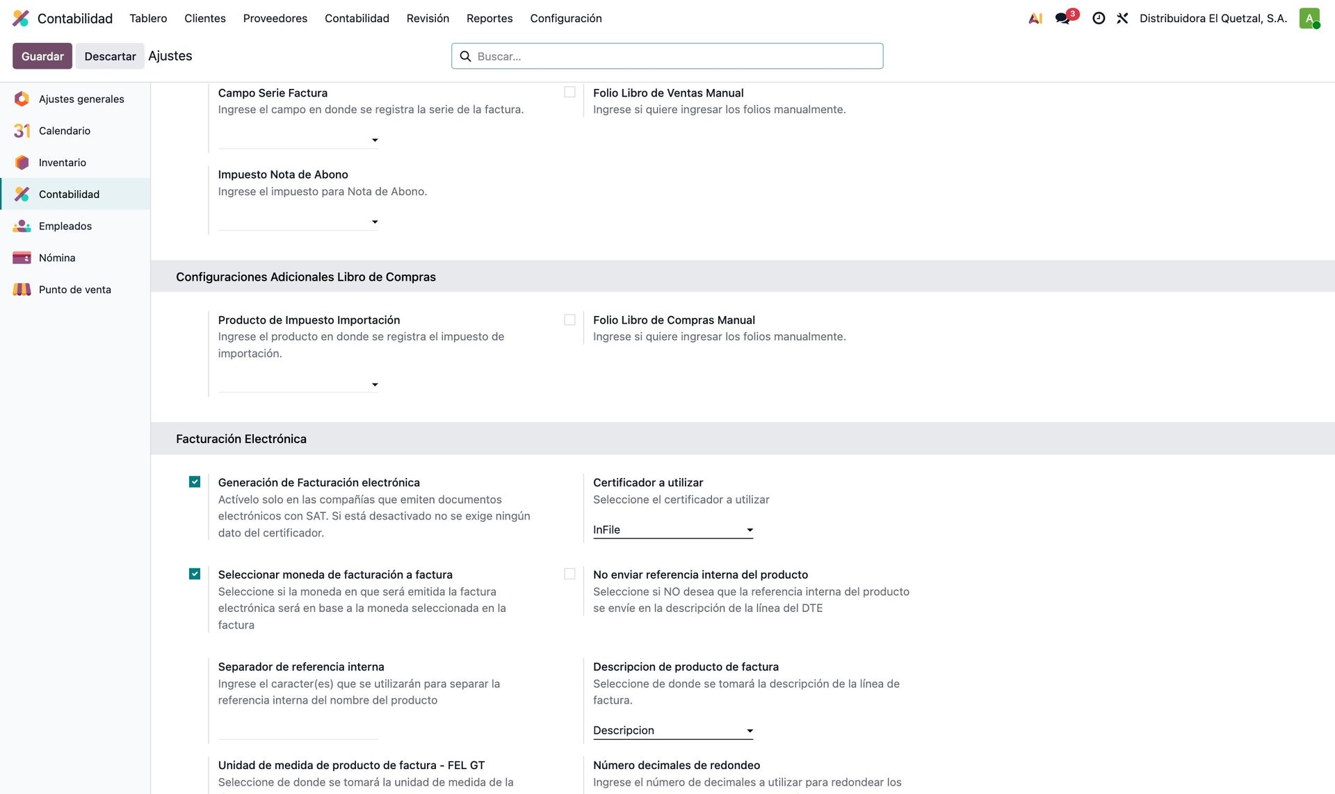 Bloque Facturación Electrónica en los ajustes de contabilidad