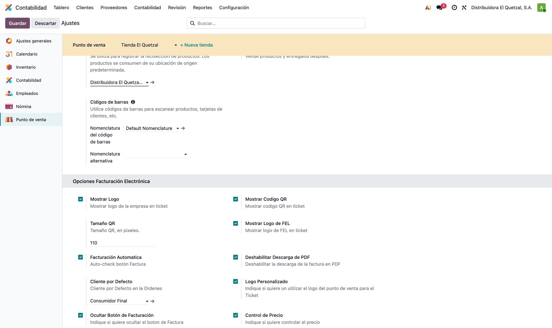 Opciones de facturación electrónica del punto de venta