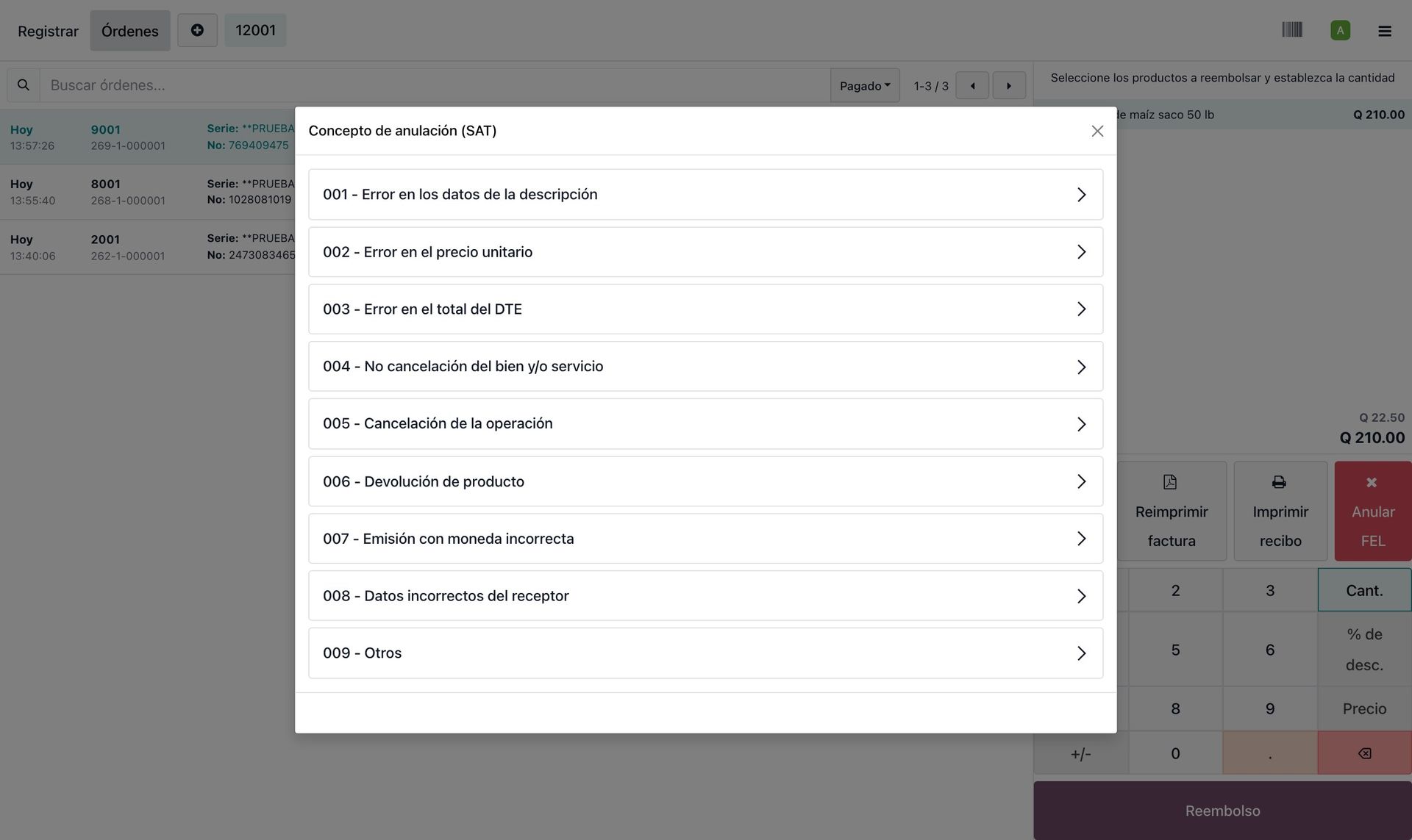 Catálogo de conceptos de anulación en el punto de venta
