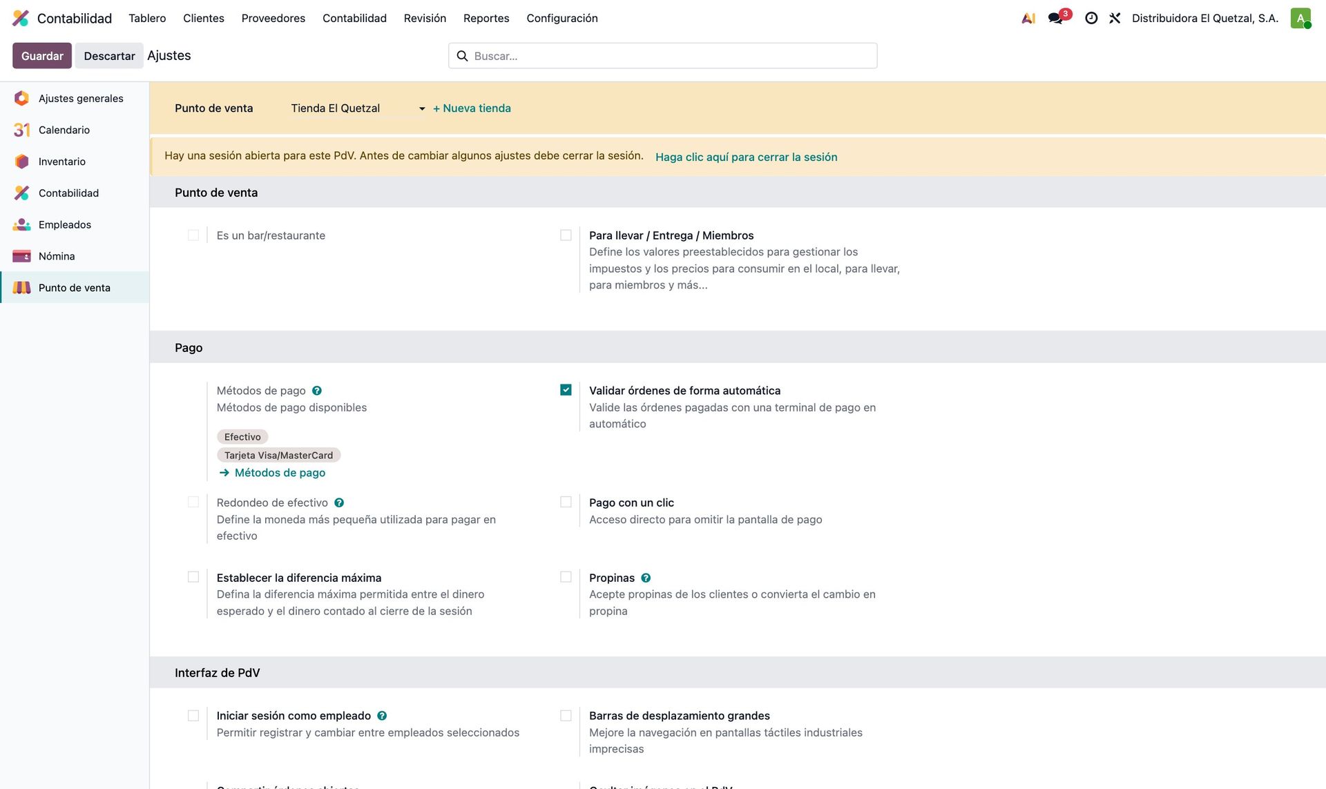 Ajustes del punto de venta