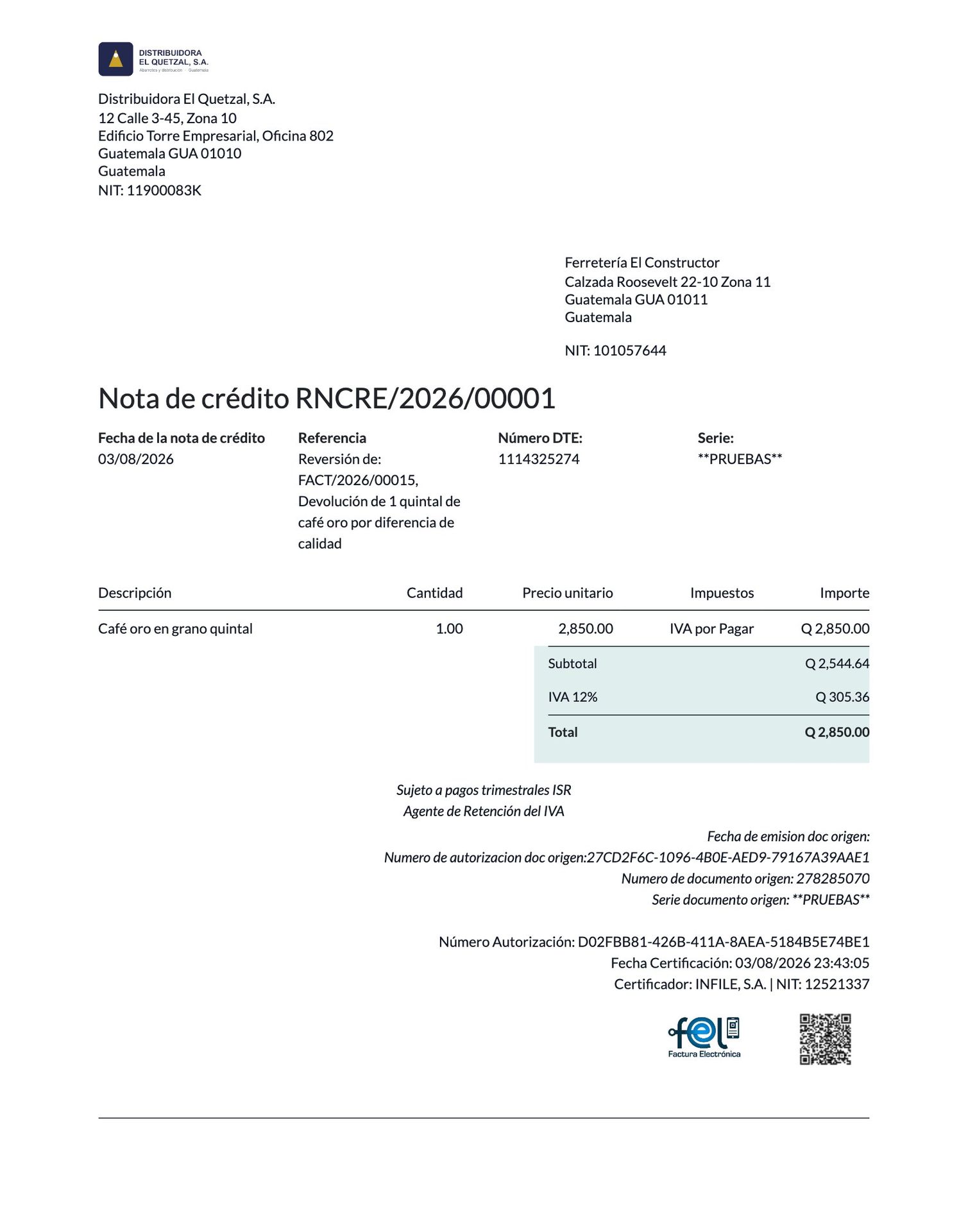Nota de crédito impresa