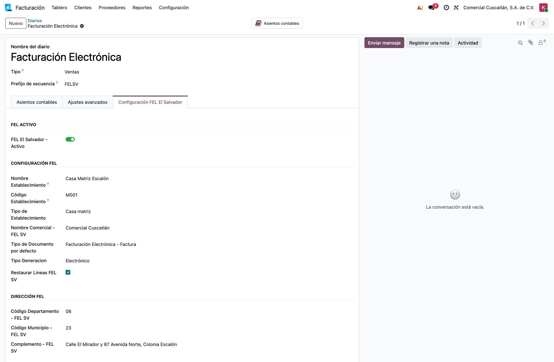 Pestaña de configuración FEL de un diario