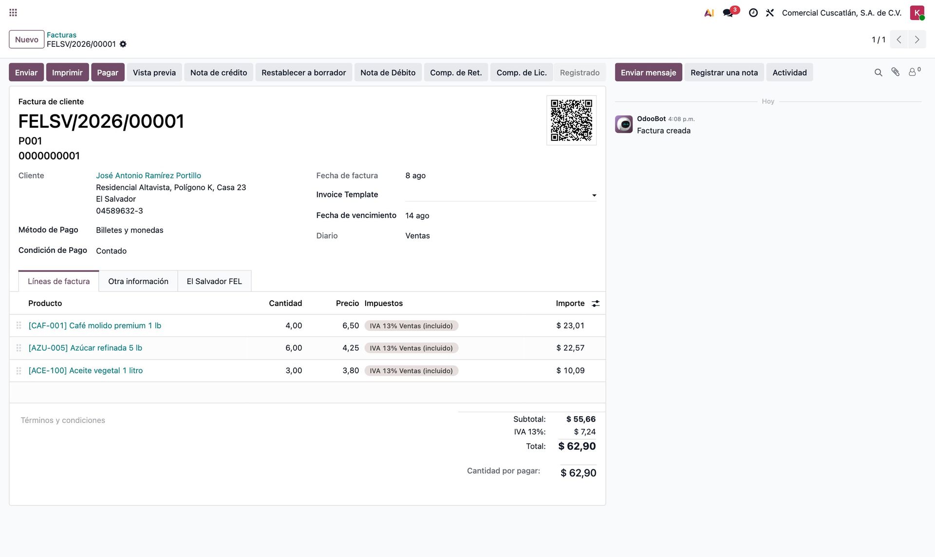 Factura certificada con su código QR