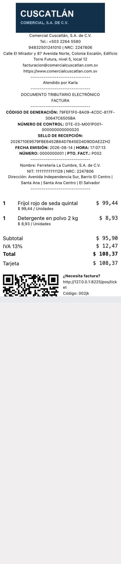 Ticket de un comprobante de crédito fiscal