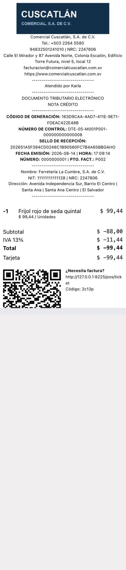 Ticket de una nota de crédito