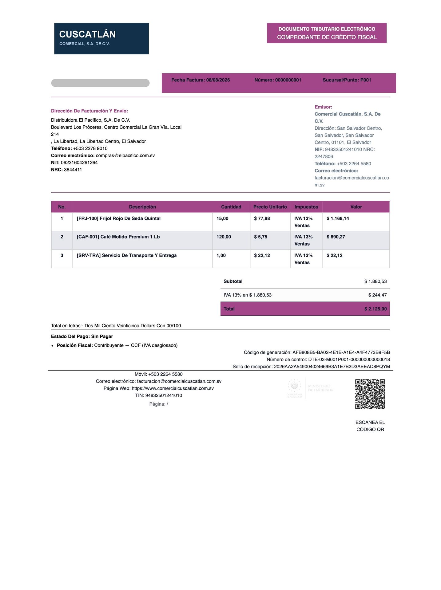 Comprobante de crédito fiscal impreso