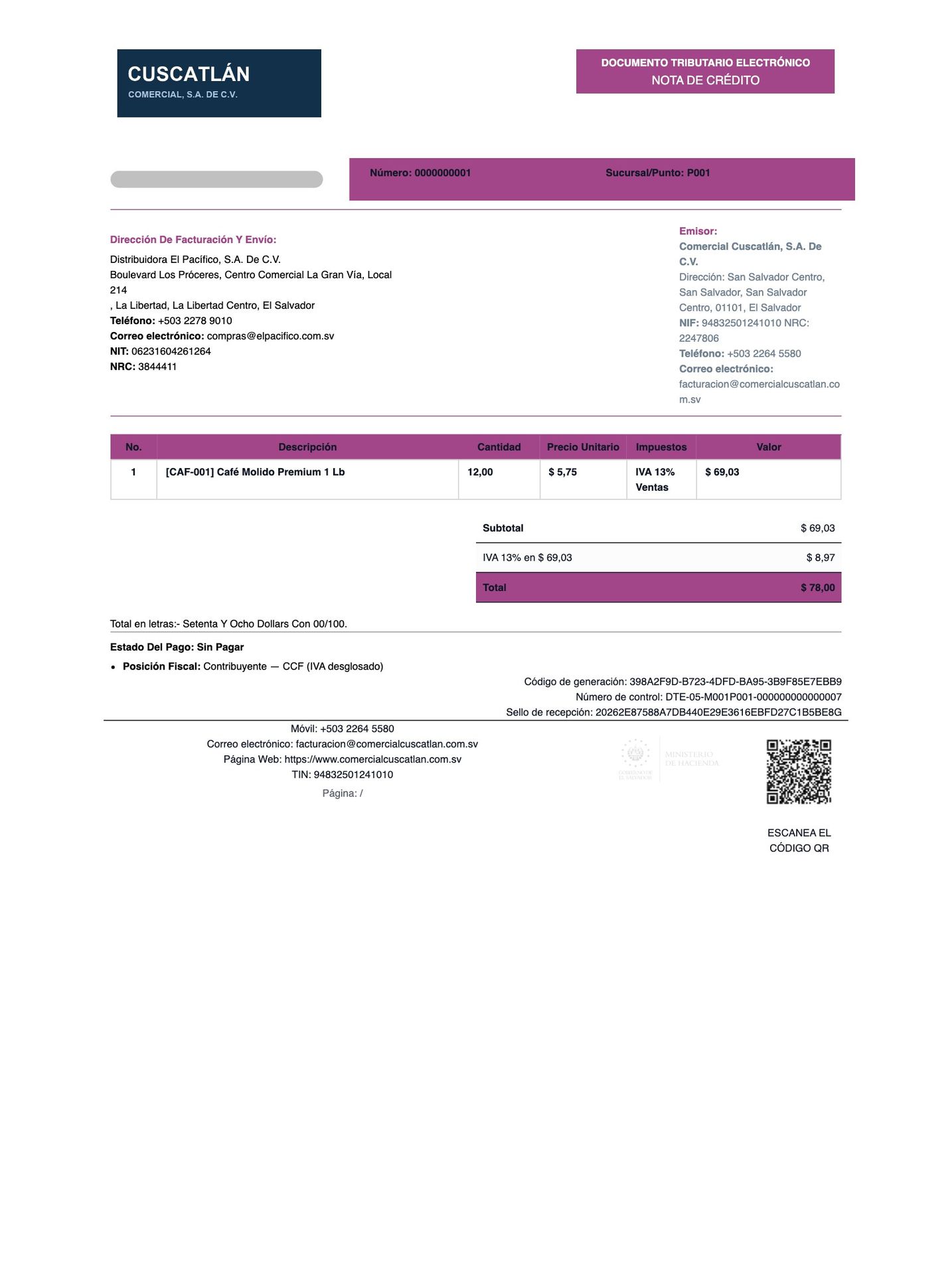 Nota de crédito impresa