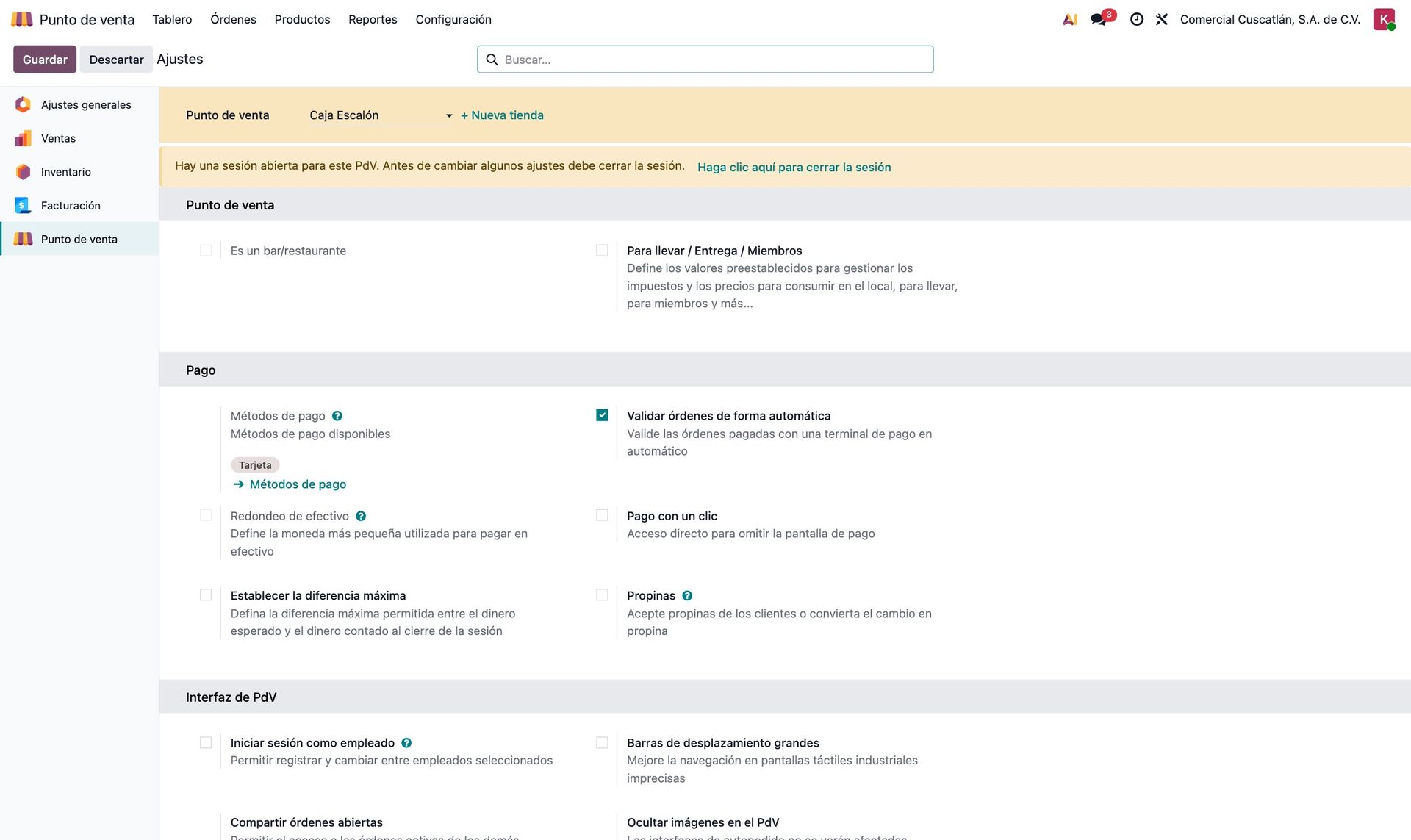 Ajustes del punto de venta