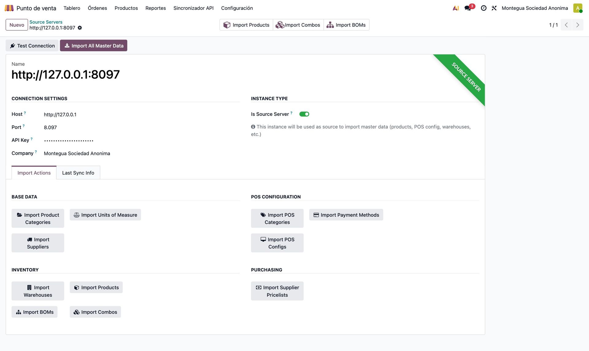 Instancia marcada como Source Server con pestaña Import Actions