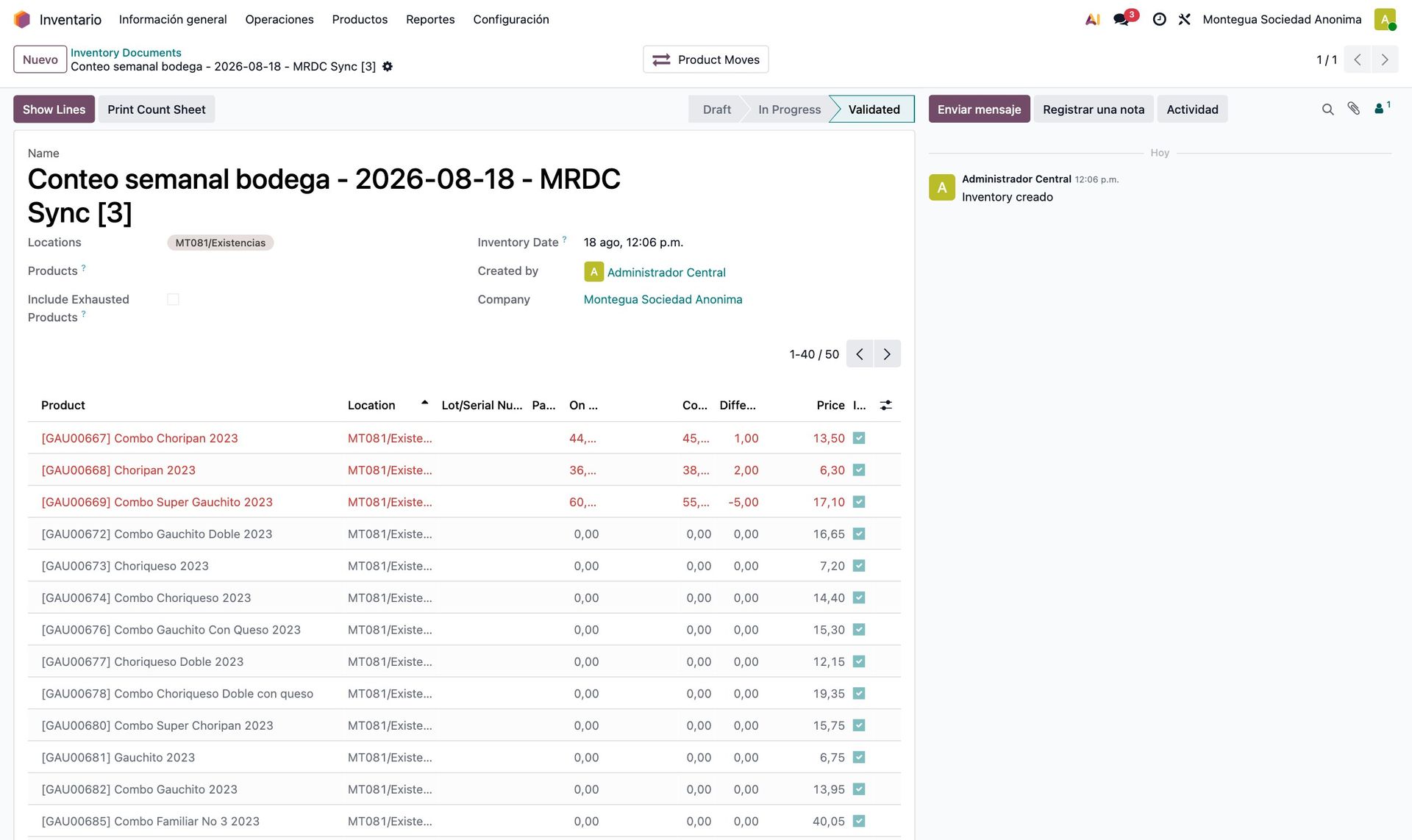Inventario espejo en el central con la teórica reportada