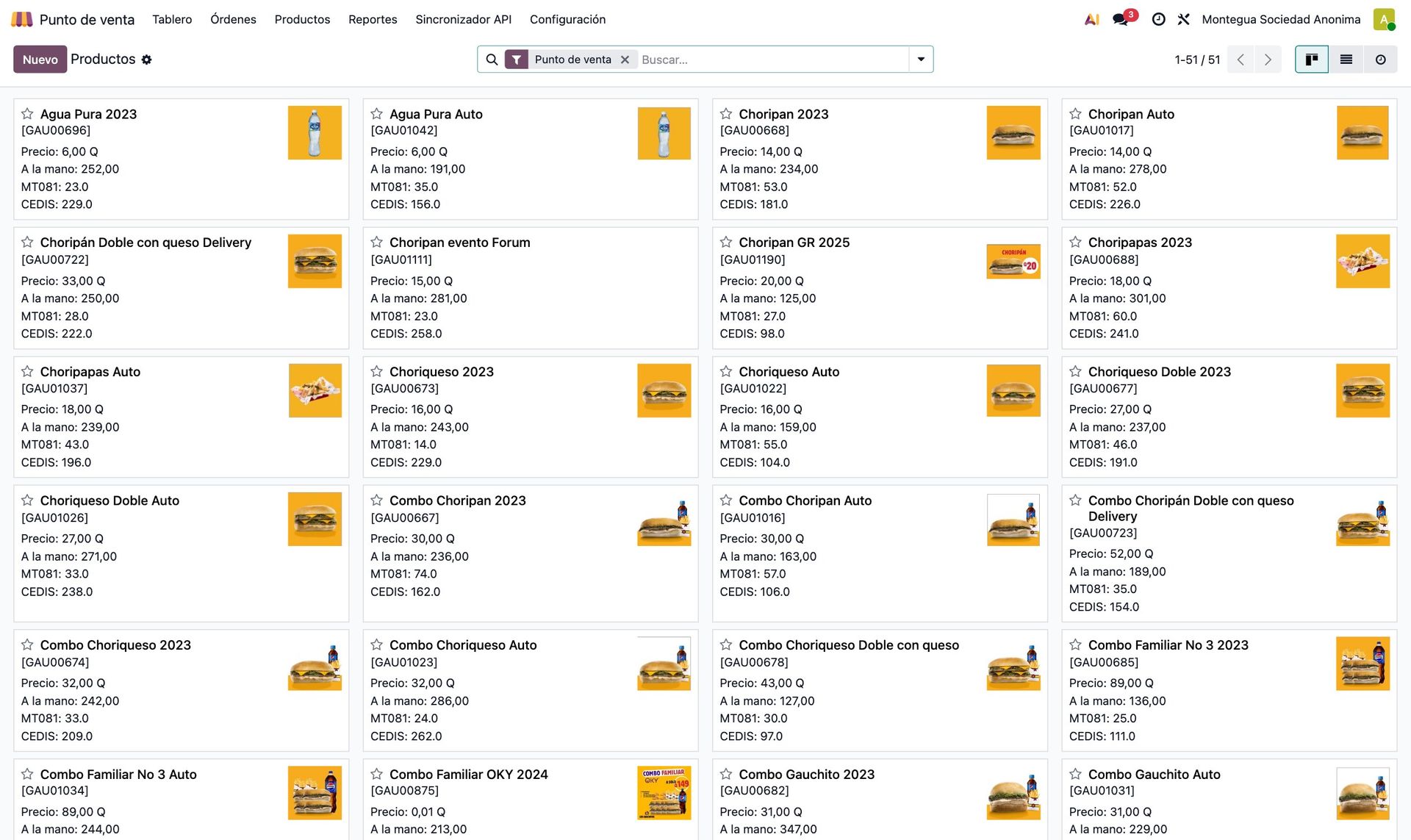 Lista de productos en el central