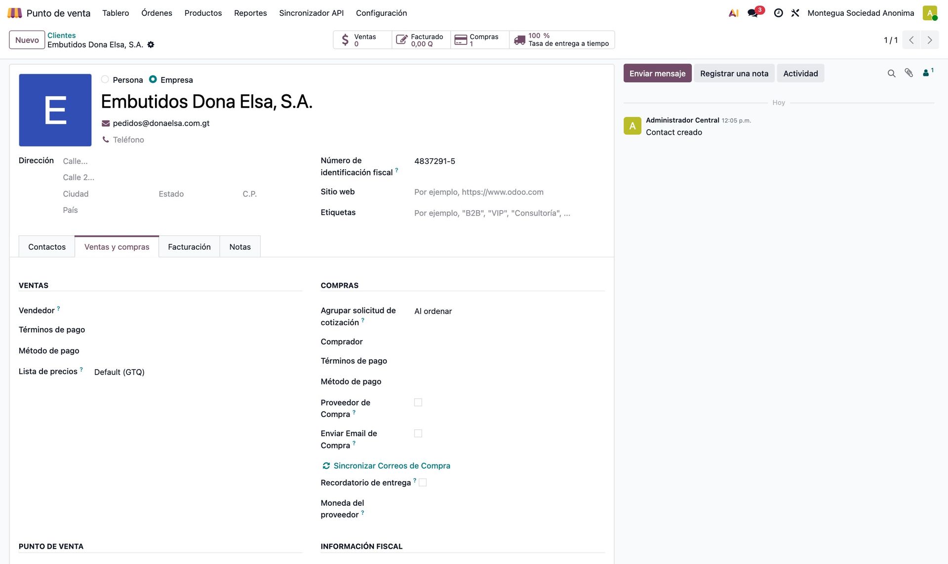 Proveedor en el central con los campos de compra