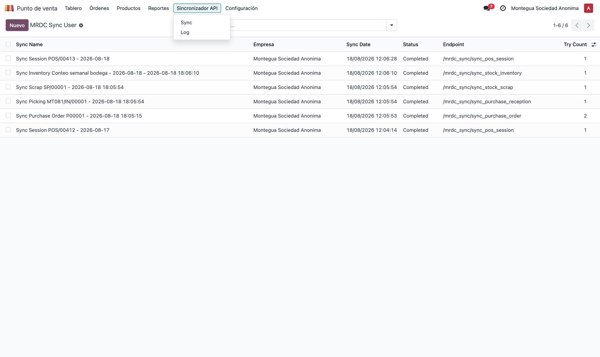 Menú Sincronizador API en la tienda