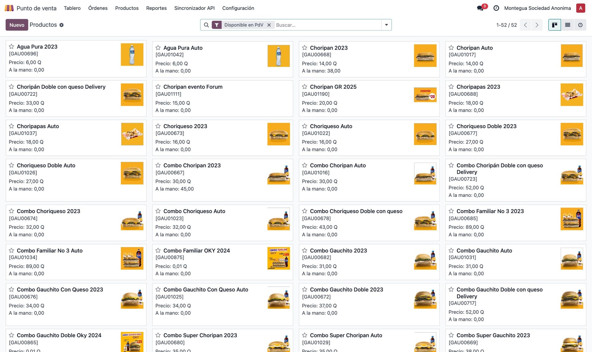 Lista de productos recibidos en la tienda