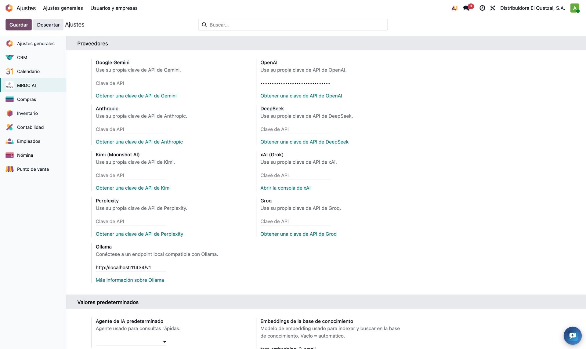 Ajustes de proveedores de IA