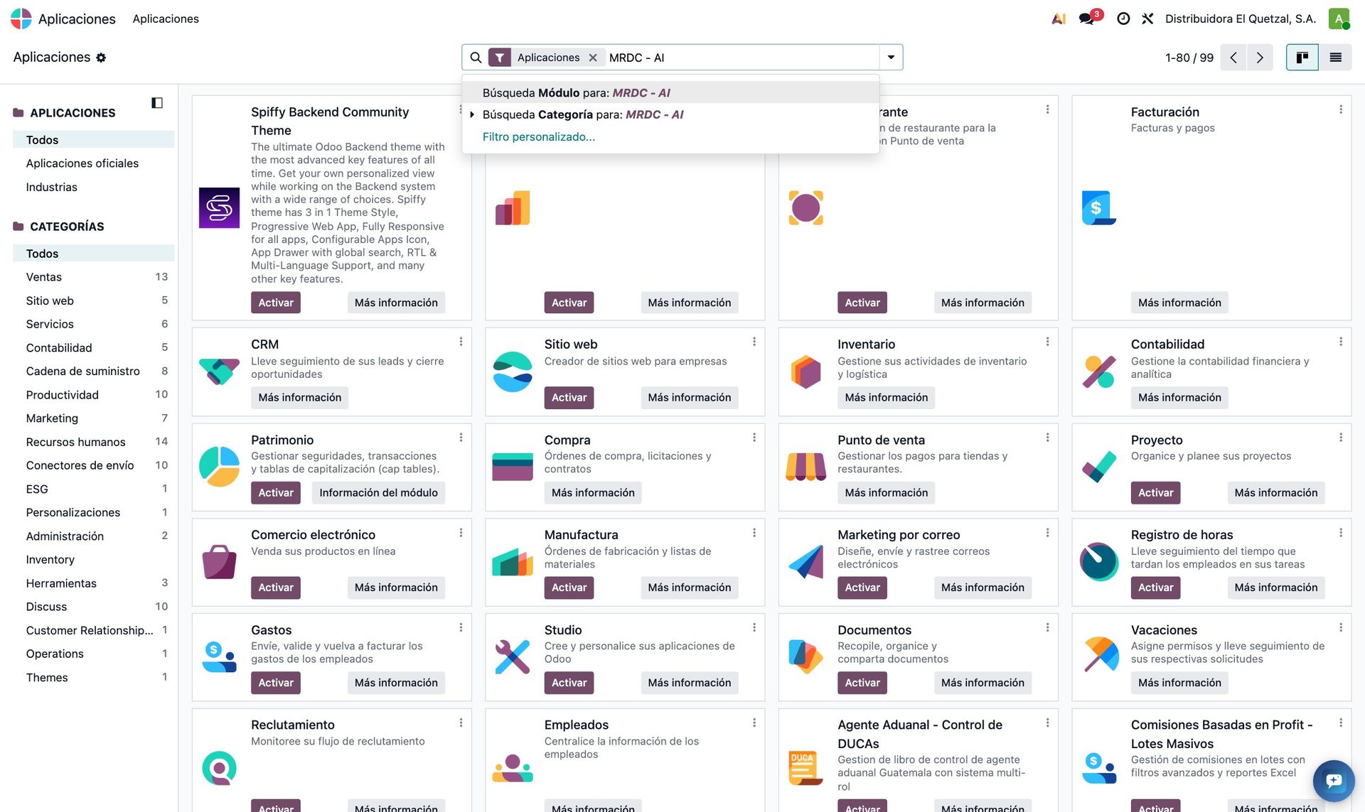 El módulo MRDC - AI Base en la lista de aplicaciones