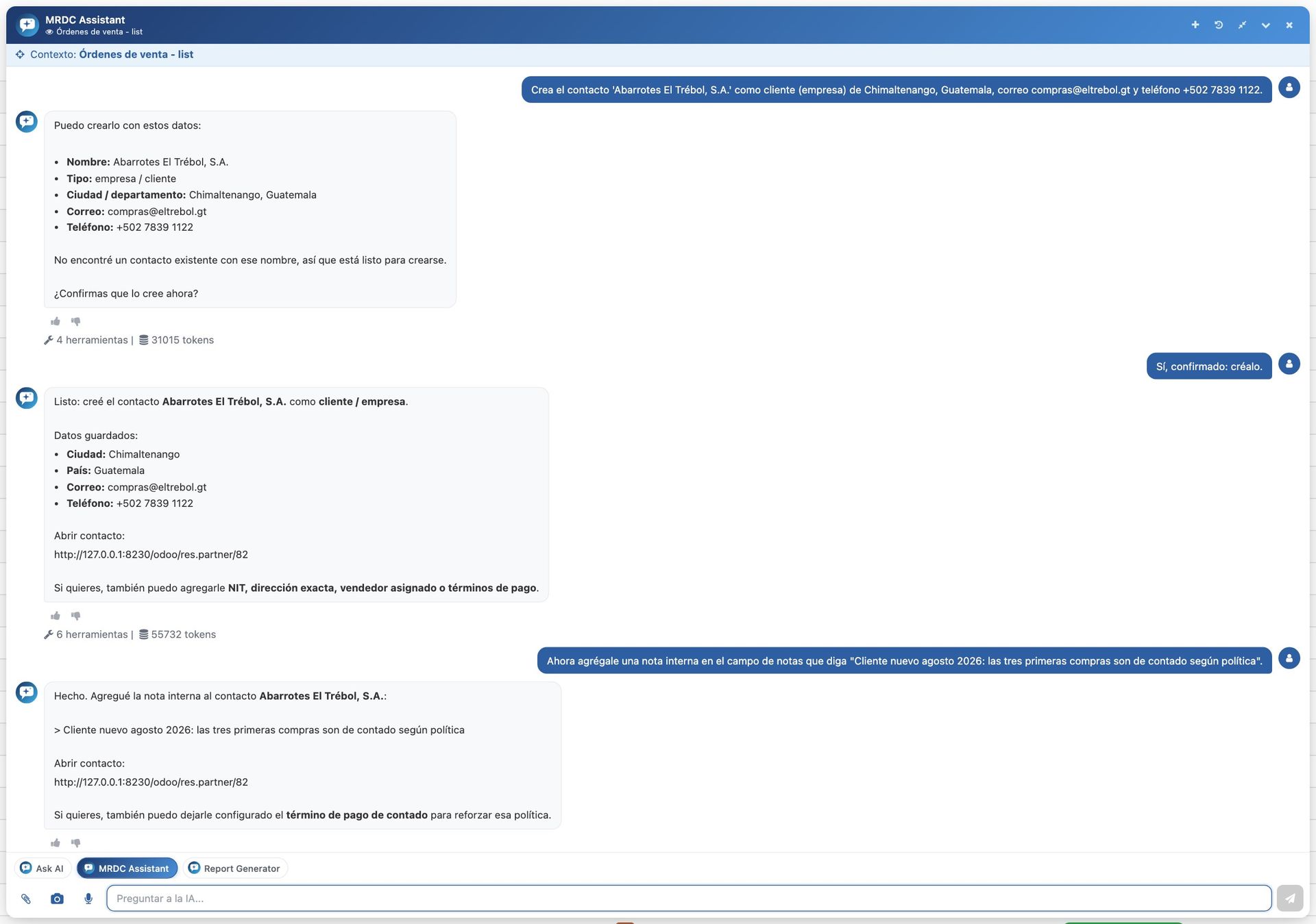 Creación de un cliente desde el chat