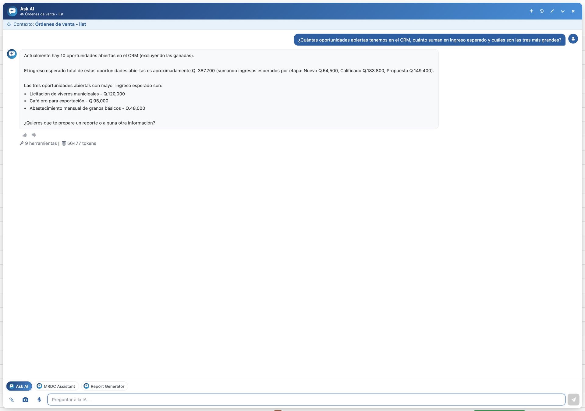 Consulta de oportunidades abiertas con el agente Ask AI