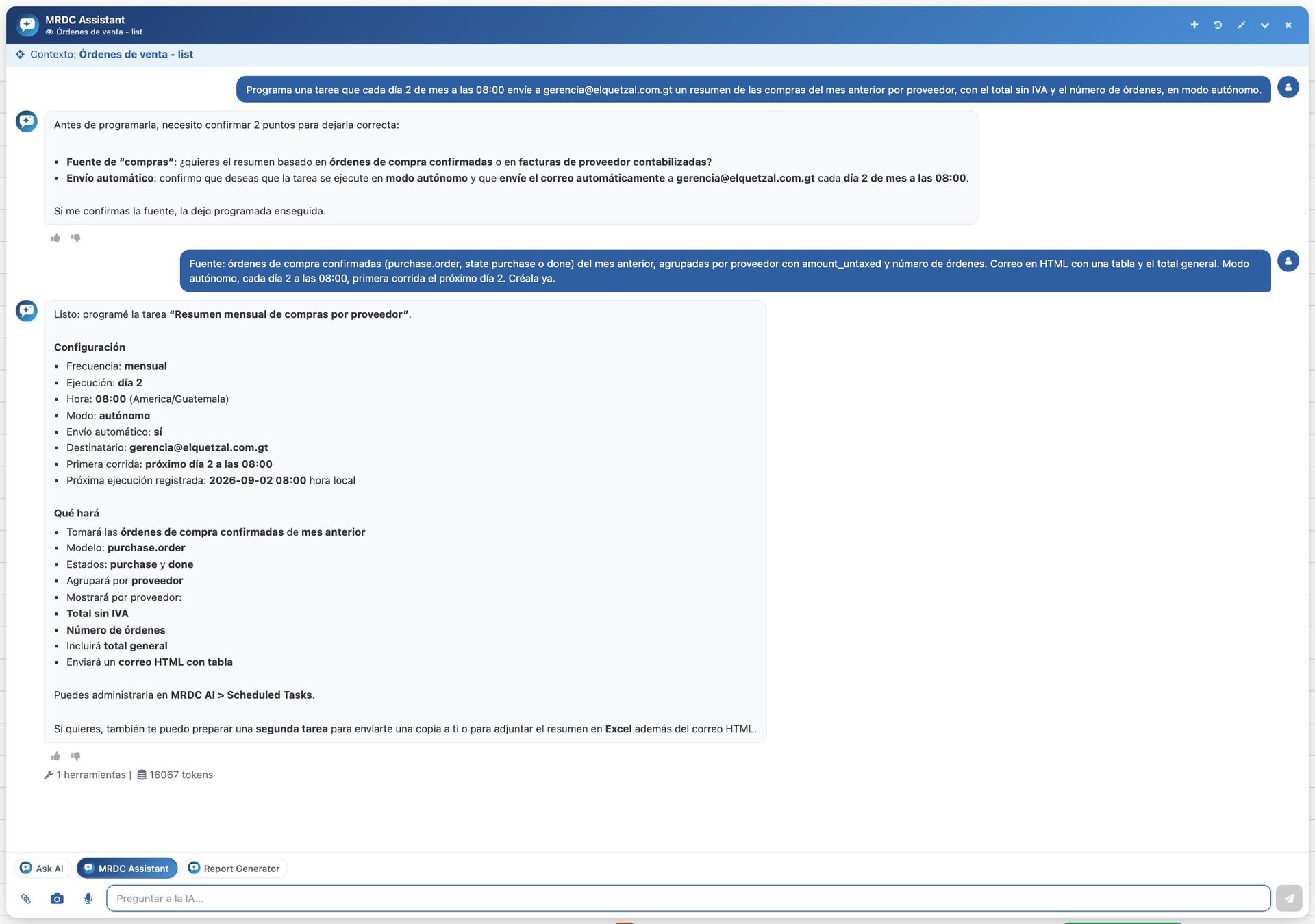 Programación de una tarea desde el chat