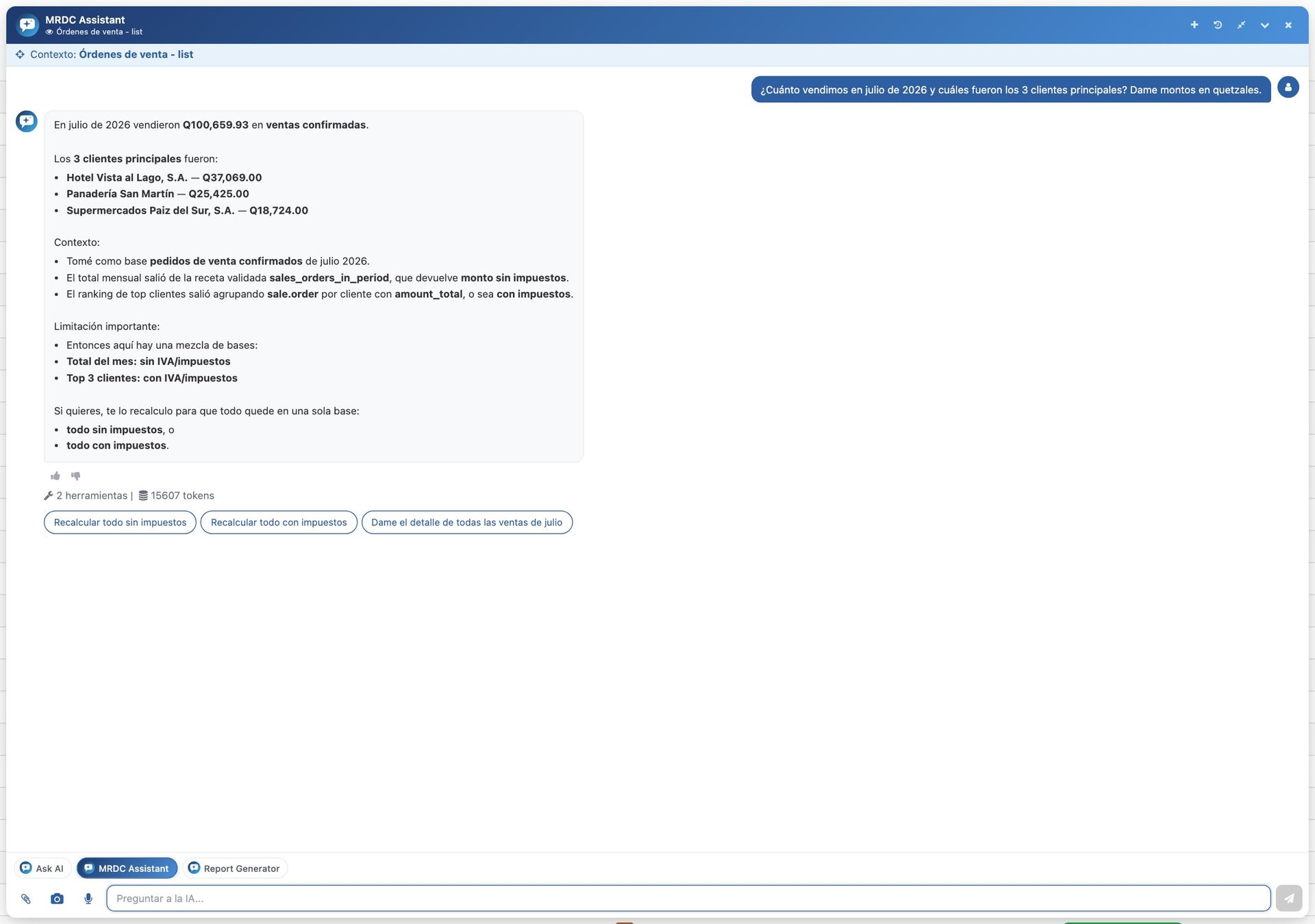 Consulta de ventas de julio y clientes principales