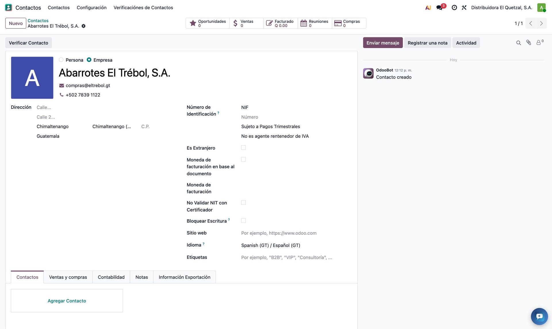 El contacto creado, abierto en Odoo