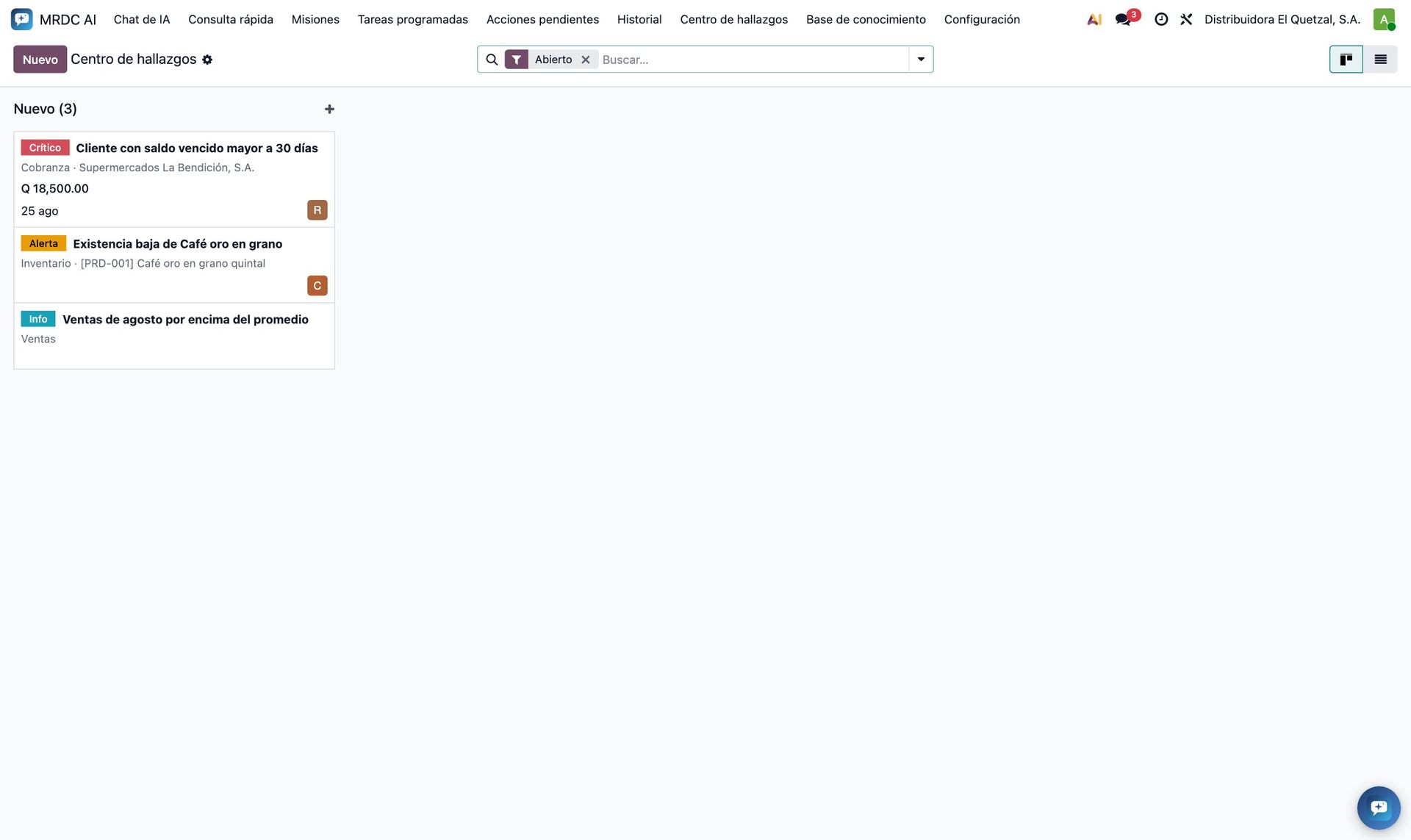Kanban del Centro de hallazgos