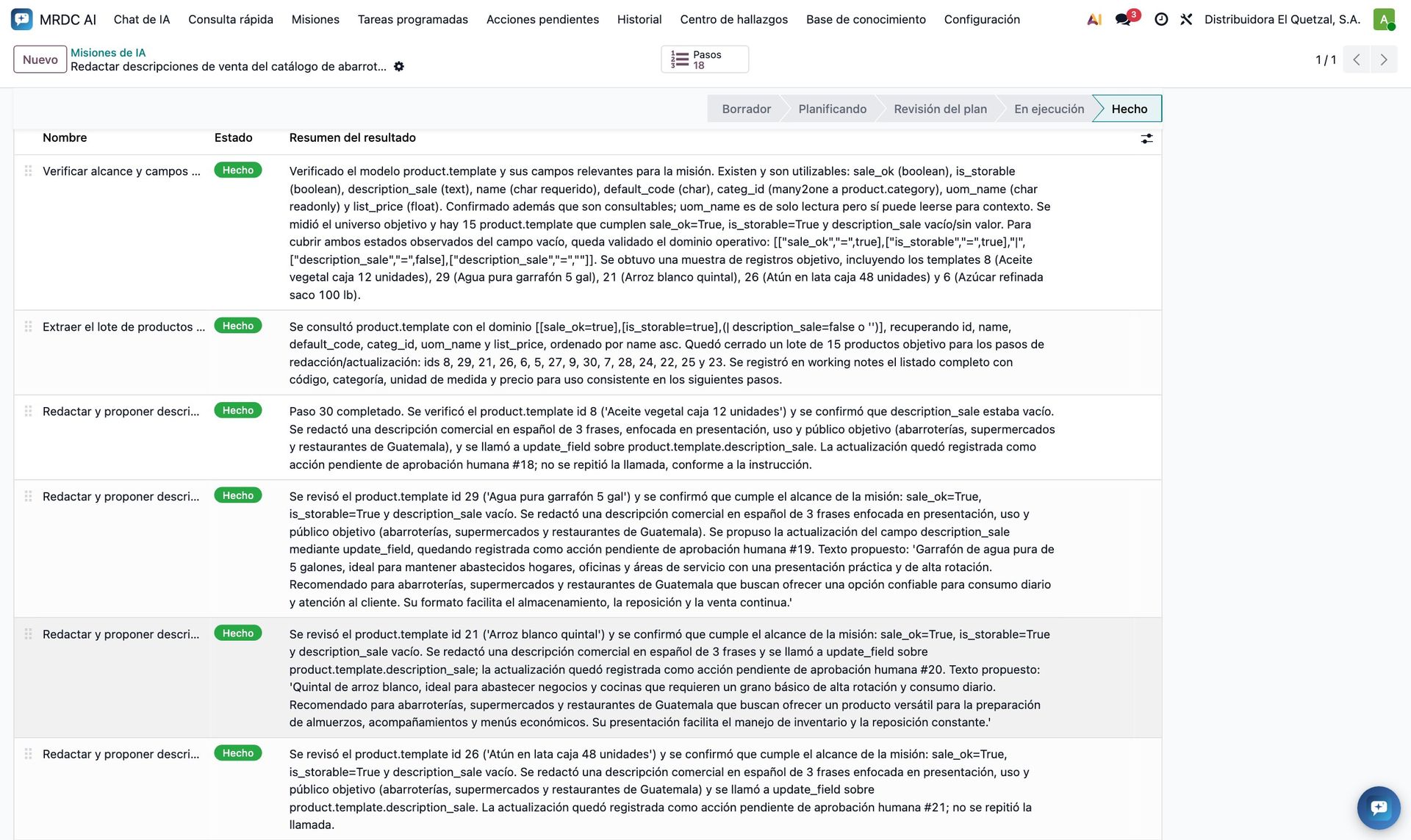 Pestaña Plan de la misión con los pasos
