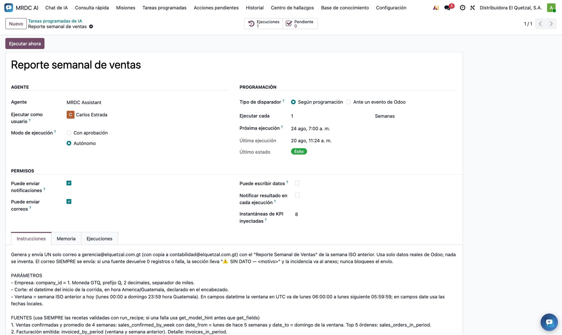 Formulario de la tarea Reporte semanal de ventas